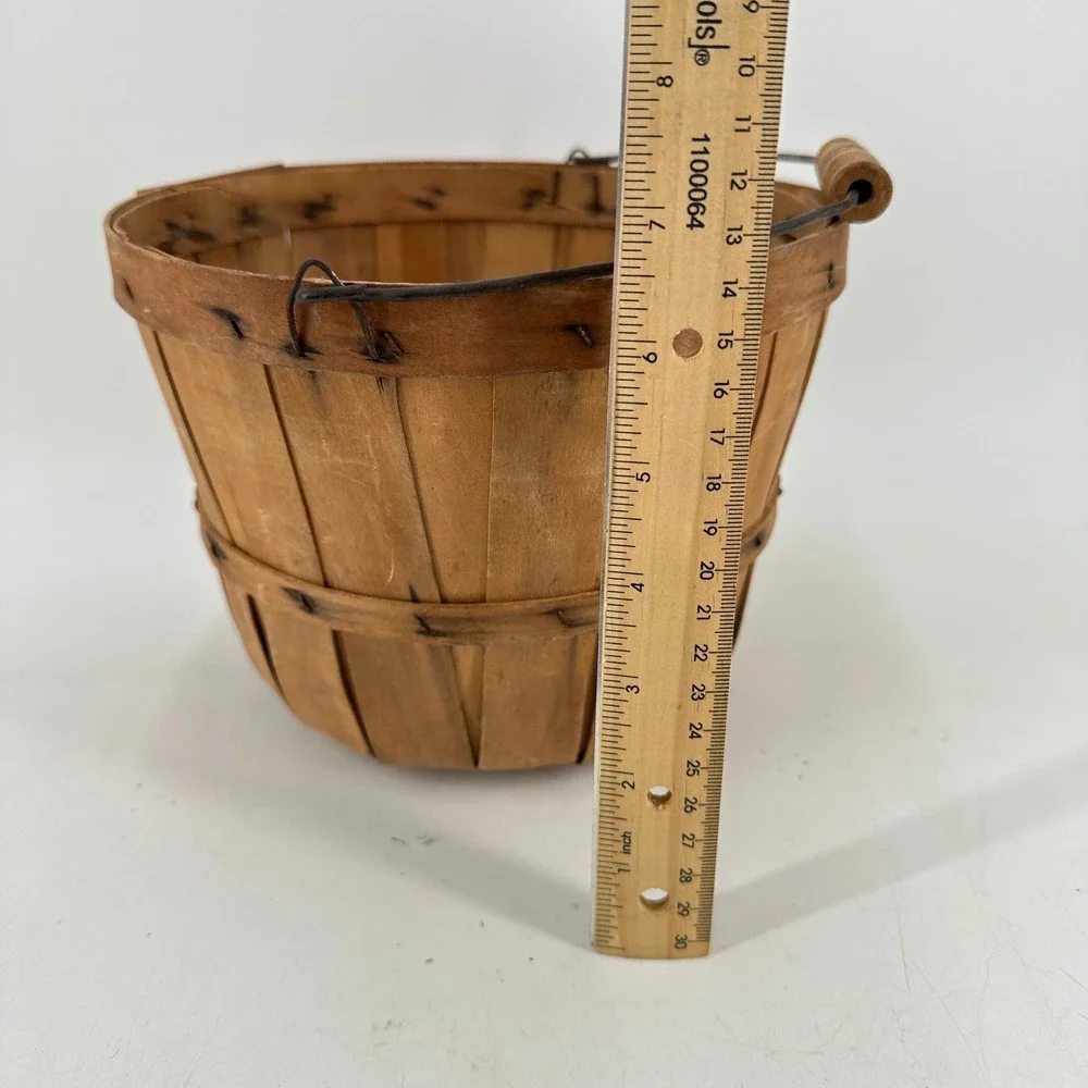 Vintage Wooden Slat Bushel Basket with Wire Handle Rustic Farmhouse Decor